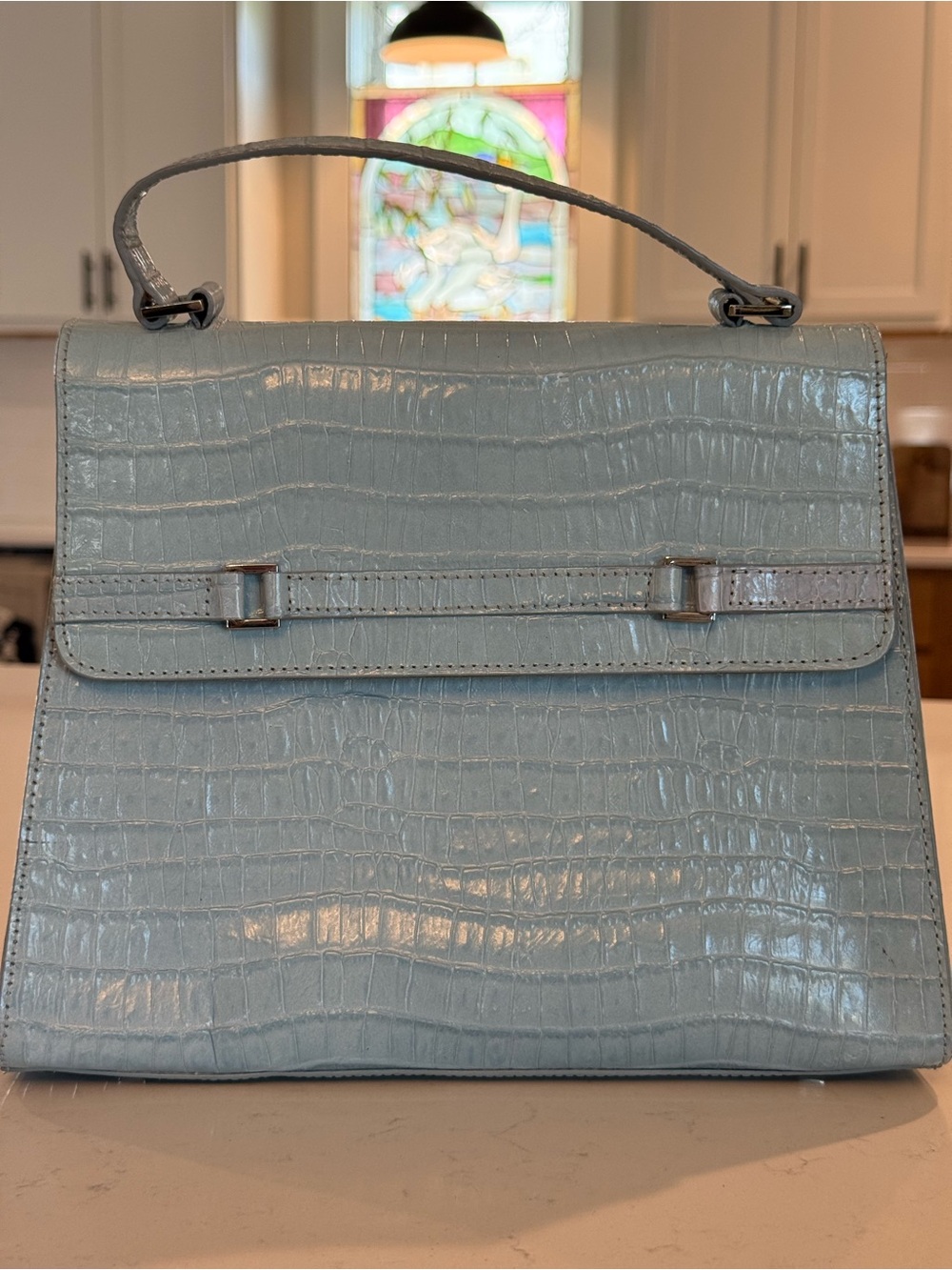 Etienne Aigner Baby Blue Croc Embossed Leather Structured Shoulder Bag